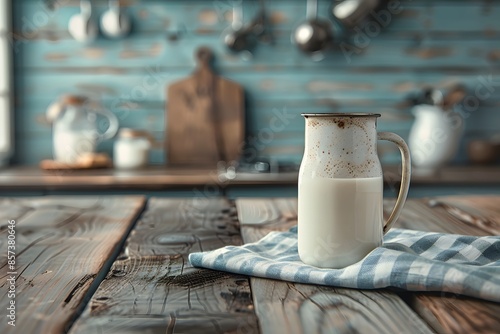 Glass of milk on checkered cloth