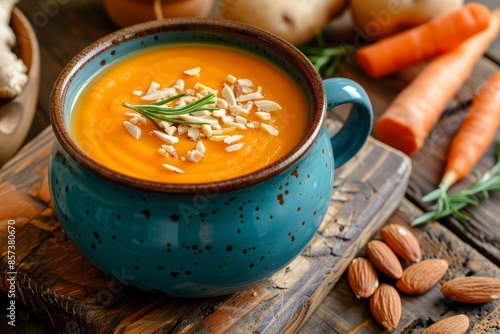 Carrot and potato cream soup with almond flakes in blue cup on rustic background photo