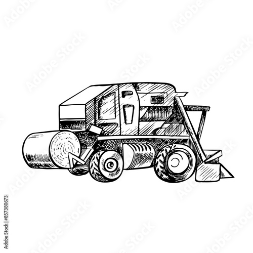 Cotton harvester. Black and white vector graphic illustration drawn by hand. Detailed linear drawing of a modern cotton harvester used in agriculture for efficient harvesting.