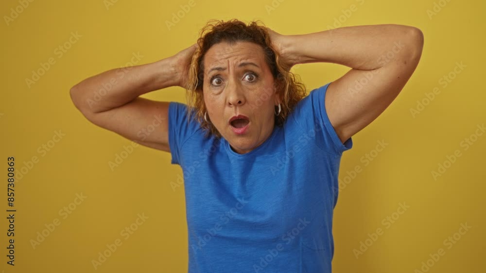 Woman shocked, middle age hispanic woman wearing blue t-shirt standing with crazy hands on head, scared and mouth open in surprise over isolated yellow background Woman shocked, middle age hispanic woman wearing blue t-shirt standing with crazy hands on head, scared and mouth open in surprise over isolated yellow background