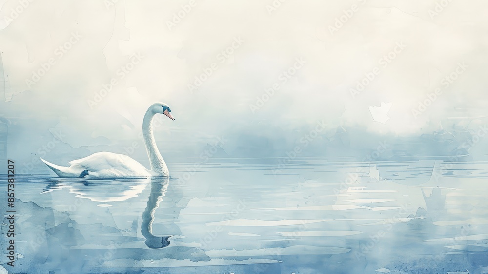 Obraz premium Portrait of a graceful swan gliding serenely across a misty tranquil lake