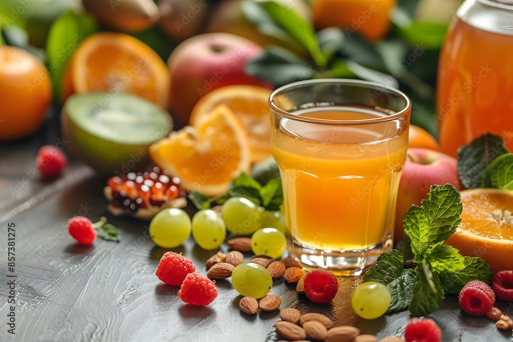 Glass orange juice fruits nuts Glass orange juice fruits nuts