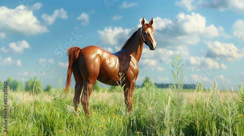 A beautiful brown horse stands in a lush green field, its mane and tail flowing in the wind. photo