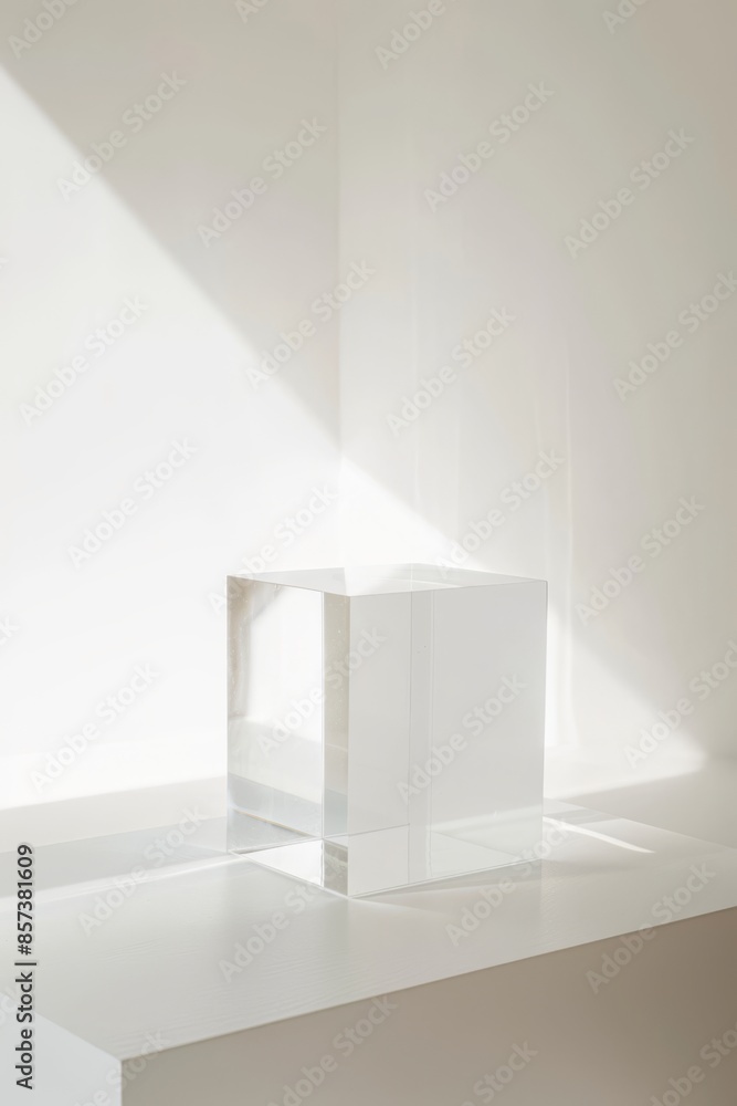 Clear acrylic cube pedestal in a bright, minimalist setting with natural light. Ideal for elegant product displays, exhibitions, and presentations, emphasizing purity and simplicity Clear acrylic cube pedestal in a bright, minimalist setting with natural light. Ideal for elegant product displays, exhibitions, and presentations, emphasizing purity and simplicity
