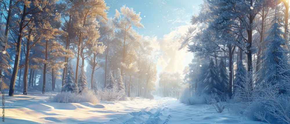 Snowy forest with tall pine trees, a clear blue sky, and sunlight creating a magical winter wonderland Snowy forest with tall pine trees, a clear blue sky, and sunlight creating a magical winter wonderland