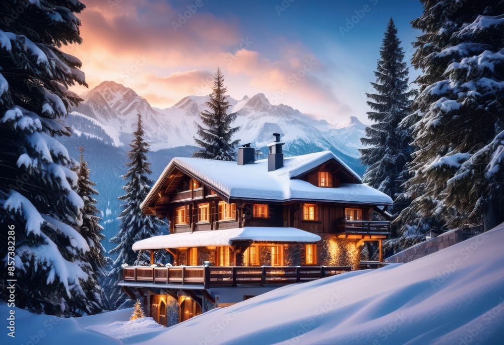 Fototapeta premium picturesque snowy chalet enchanting winter scene trees mountains, cabin, forest, snowcapped, landscape, scenic, snowfall, wonderland, charming, cozy, frosty