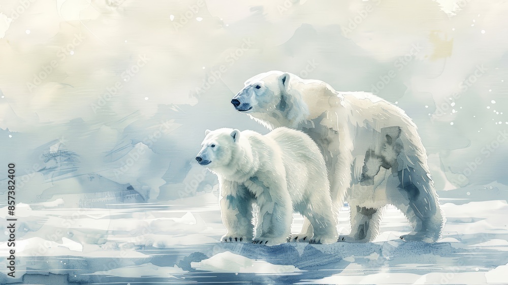 Illustration of two Polar Bears standing attentively on an icy landscape Illustration of two Polar Bears standing attentively on an icy landscape