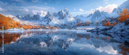 Snowy mountain peaks reflecting in a clear lake photo