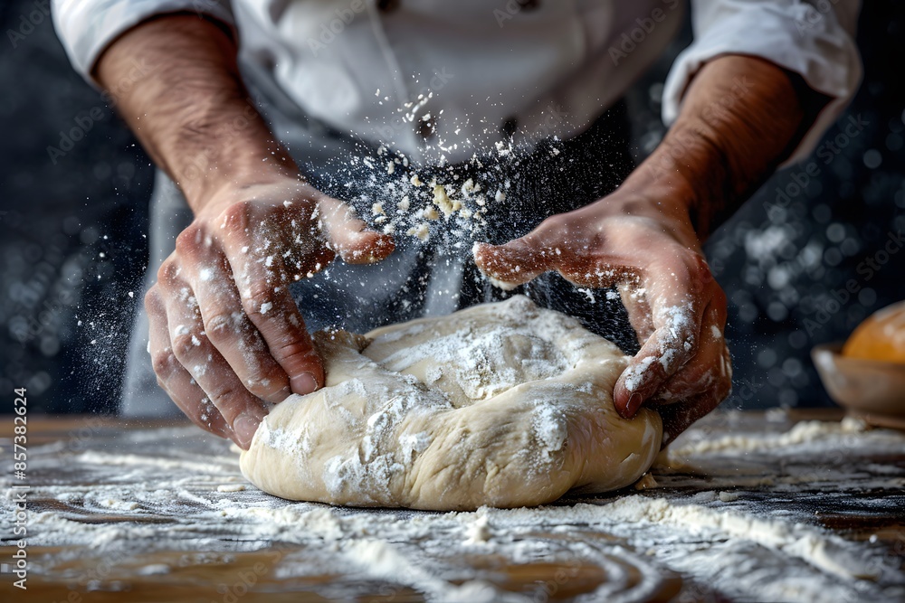 Person kneading dough with flour on wooden table Person kneading dough with flour on wooden table