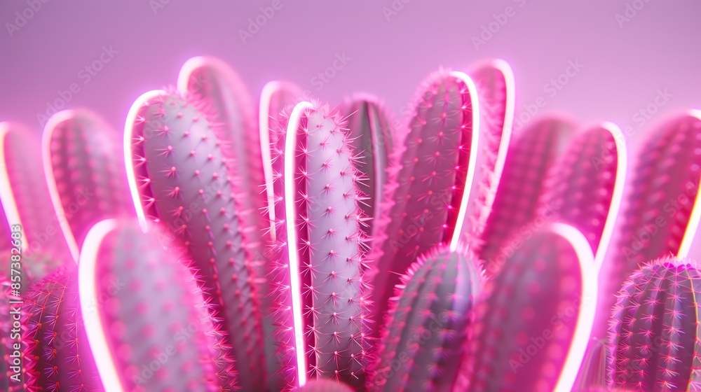 Neon lights in bright pink and purple illuminate a diverse array of cacti, creating a visually stunning and colorful botanical display Neon lights in bright pink and purple illuminate a diverse array of cacti, creating a visually stunning and colorful botanical display