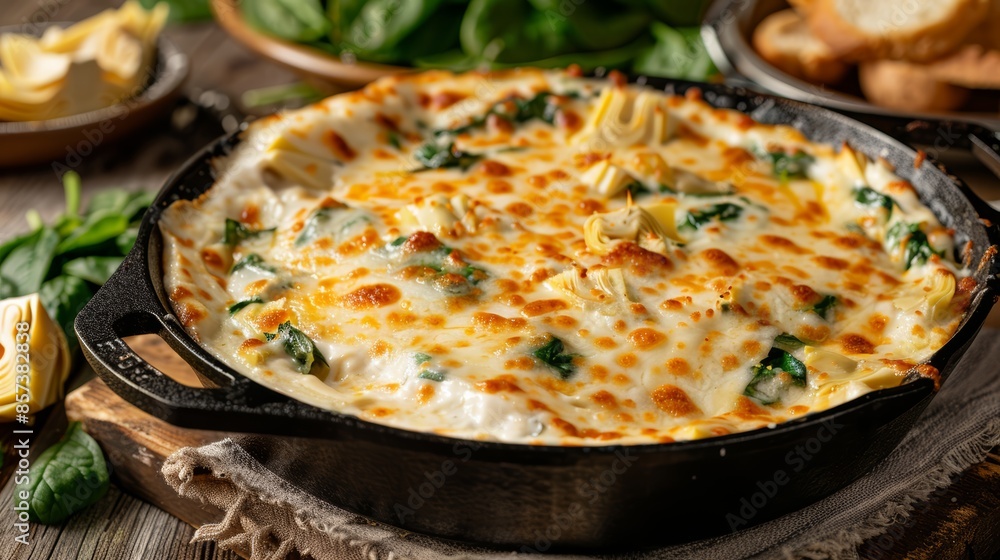 Hot artichoke spinach dip in a cast iron skillet, cheesy pull showcasing its gooey texture, placed on a kitchen countertop with rustic elements, inviting and appetizing Hot artichoke spinach dip in a cast iron skillet, cheesy pull showcasing its gooey texture, placed on a kitchen countertop with rustic elements, inviting and appetizing