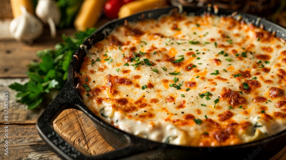 Hot artichoke spinach dip in a cast iron skillet, cheesy pull showcasing its gooey texture, placed on a kitchen countertop with rustic elements, inviting and appetizing Hot artichoke spinach dip in a cast iron skillet, cheesy pull showcasing its gooey texture, placed on a kitchen countertop with rustic elements, inviting and appetizing