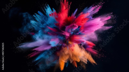 A photograph capturing a multicolor powder explosion against a black background