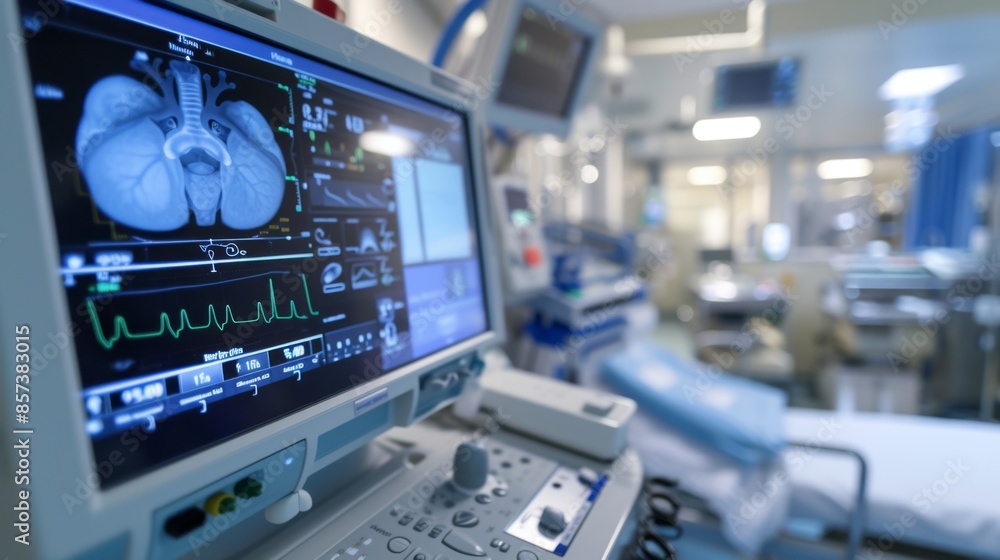 A photograph of an echocardiography machine in use in a hospital setting A photograph of an echocardiography machine in use in a hospital setting