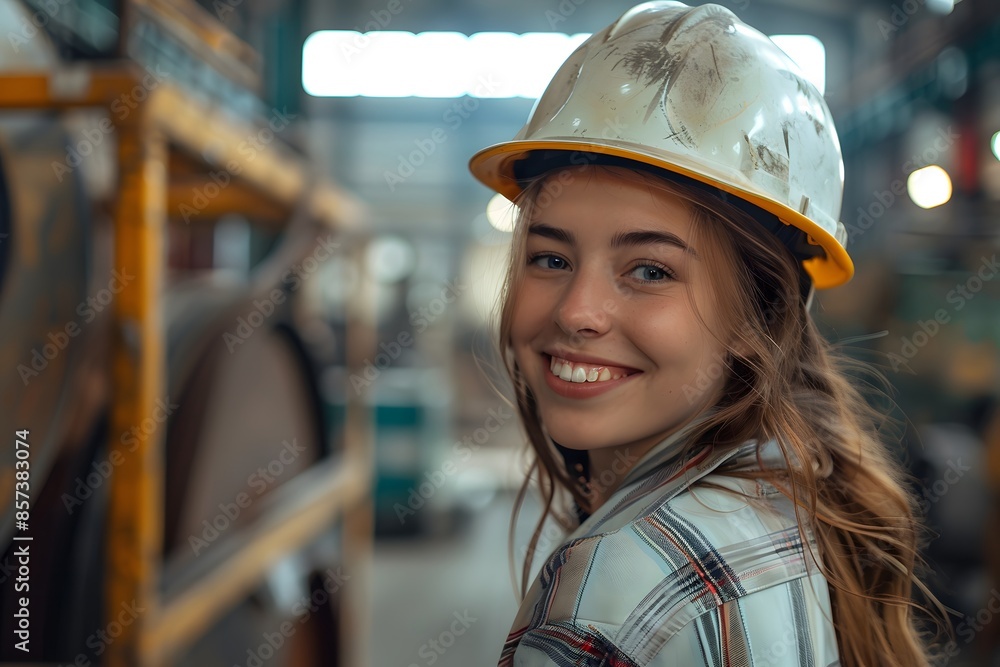 Female worker in hard hat at factory Female worker in hard hat at factory