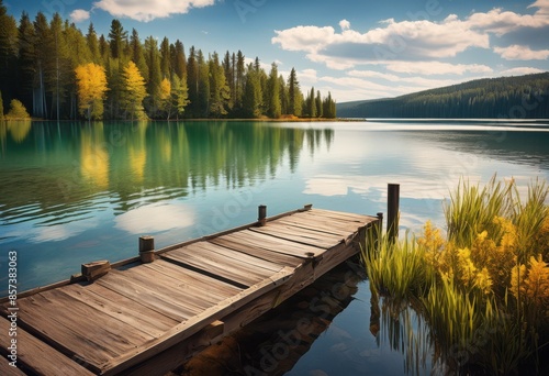 serene lake rustic dock extending into calm nature landscape, waterside, tranquil, peaceful, scenic, picturesque, beautiful, view, wooden, pier, rural