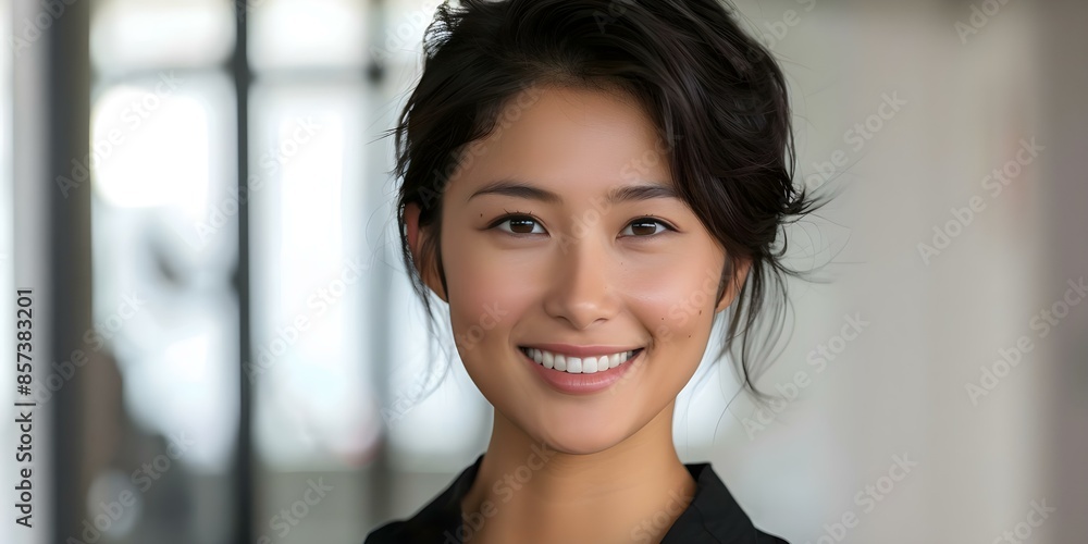 Fototapeta premium Asian woman smiling in pixie hairstyle on white background with copy space. Concept Keywords, Asian woman, smiling, pixie hairstyle, white background, copy space