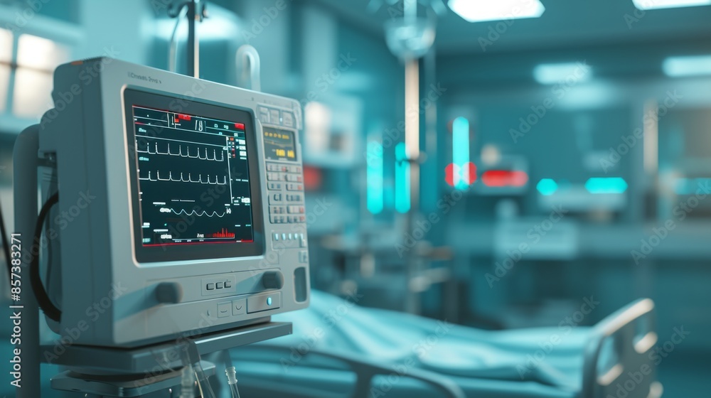 A detailed photograph of a patient's monitor in a hospital setting A detailed photograph of a patient's monitor in a hospital setting