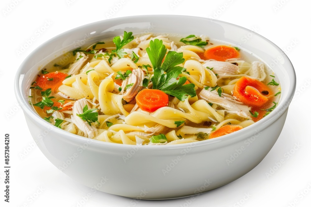 Chicken noodle soup on white background Chicken noodle soup on white background