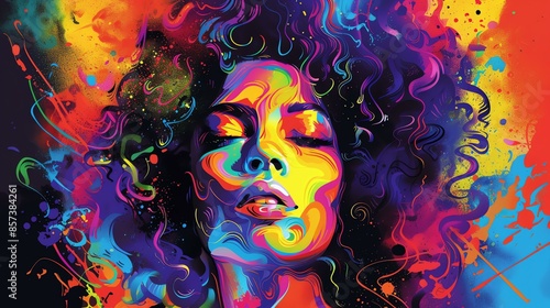 A woman's face is depicted in a vibrant and colorful abstract portrait. Her eyes are closed, and her lips are slightly parted.