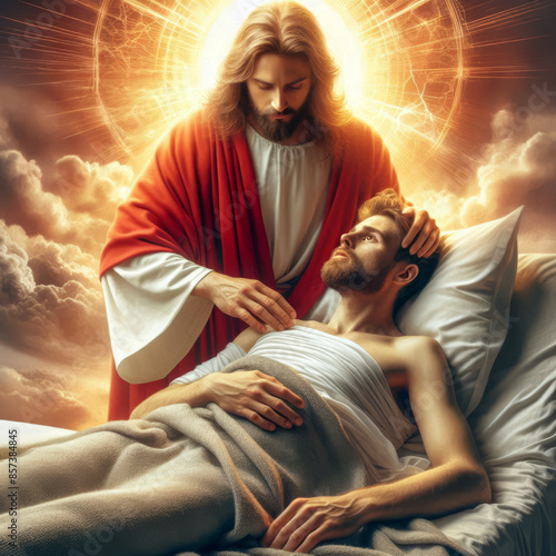 close up portrait of Jesus Christ performing miracles on the man in bed sick and ill