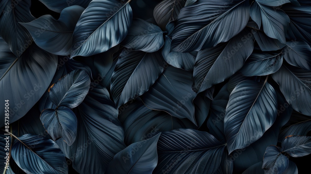 A close-up image of dark, moody tropical leaves arranged in a dense and textured pattern. A close-up image of dark, moody tropical leaves arranged in a dense and textured pattern.
