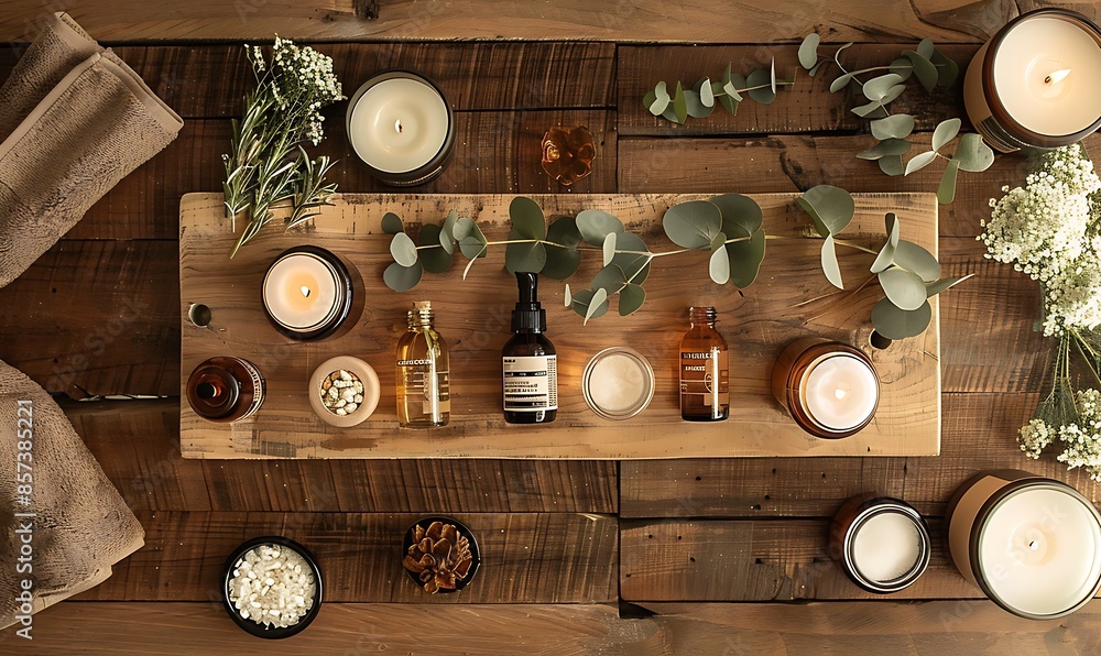 A top view of a wooden board elegantly arranged with amber glass bottles, eucalyptus leaves, and various spa products, highlighting natural beauty A top view of a wooden board elegantly arranged with amber glass bottles, eucalyptus leaves, and various spa products, highlighting natural beauty
