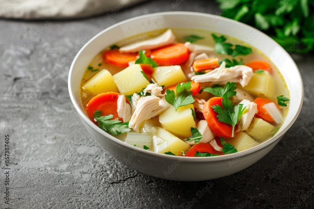 Clear chicken soup with vegetables in white bowl Asian inspired top view Clear chicken soup with vegetables in white bowl Asian inspired top view