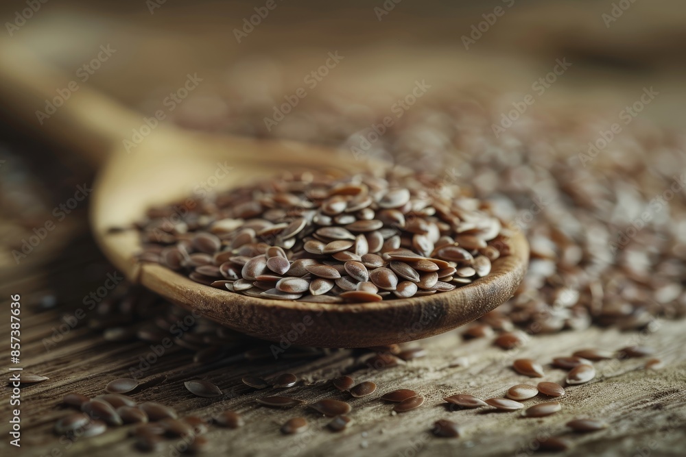 Close up of flax seeds on wooden spoon table Close up of flax seeds on wooden spoon table