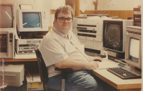 verweight man with short hair and glasses sitting in front of his old computer from the early 1980s. He is wearing blue jeans and a white shirt.
