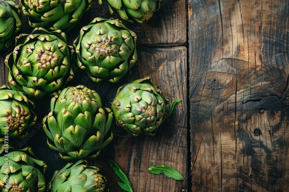 Close up of fresh organic green artichokes on wooden table a healthy vegan choice from the market Close up of fresh organic green artichokes on wooden table a healthy vegan choice from the market