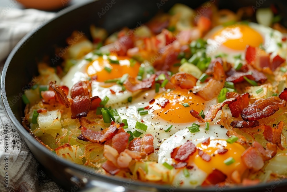 Close up of hash brown with grated potatoes leeks eggs and diced smoked bacon in a pan on the table horizontal Close up of hash brown with grated potatoes leeks eggs and diced smoked bacon in a pan on the table horizontal