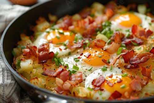 Wallpaper Mural Close up of hash brown with grated potatoes leeks eggs and diced smoked bacon in a pan on the table horizontal Torontodigital.ca