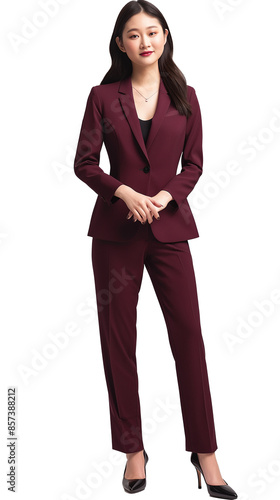 Young Asian businesswoman, dressed in a Burgundy Pantsuit, and black heels. Isolated transparent background, centered full body portrait