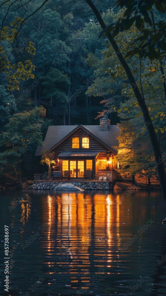 A serene lakeside cabin with a view of the water