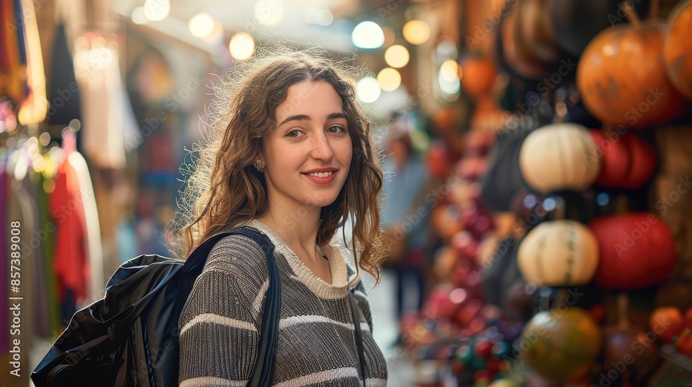 A young woman smiles warmly in a bustling market, surrounded by vibrant produce and shoppers, her joyful expression exuding the lively spirit of the place. A young woman smiles warmly in a bustling market, surrounded by vibrant produce and shoppers, her joyful expression exuding the lively spirit of the place.