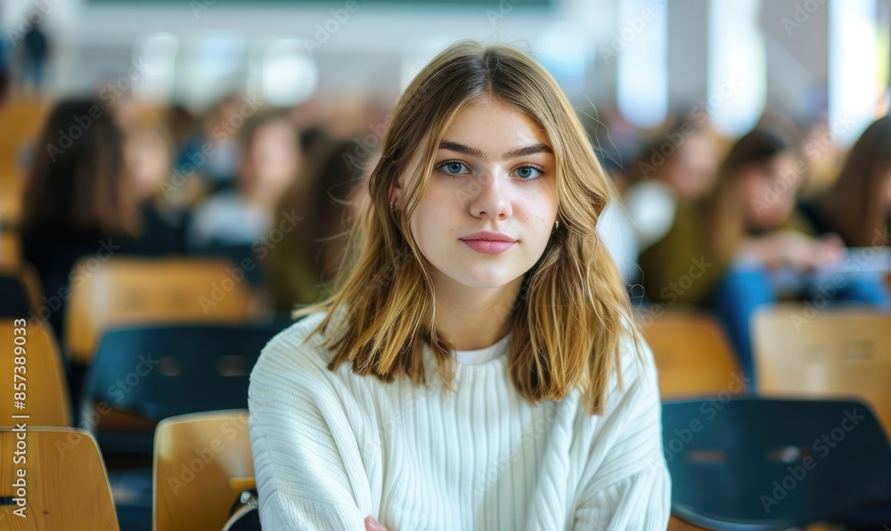 A pretty student girl sitting in a university lecture hall A pretty student girl sitting in a university lecture hall