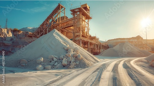 A daytime landscape of an industrial sand mine, three large piles of sand, intricate conveyors, front view. Sand texture detailed, mechanical parts of conveyors visible, clear sky. Generative AI.