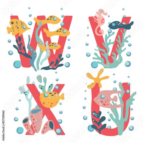 Coral capital letters W, V, X, U, decorated with algae, corals and inhabitants of the underwater world. Vector image of alphabet and deep sea elements.