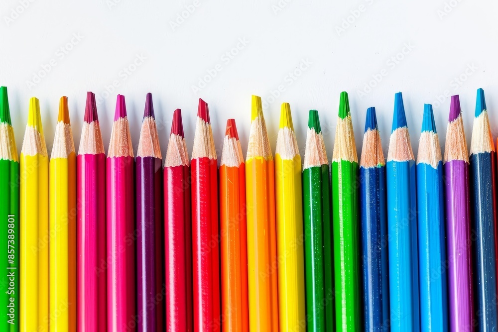 Colored pencils on white background not in perfect row Colored pencils on white background not in perfect row
