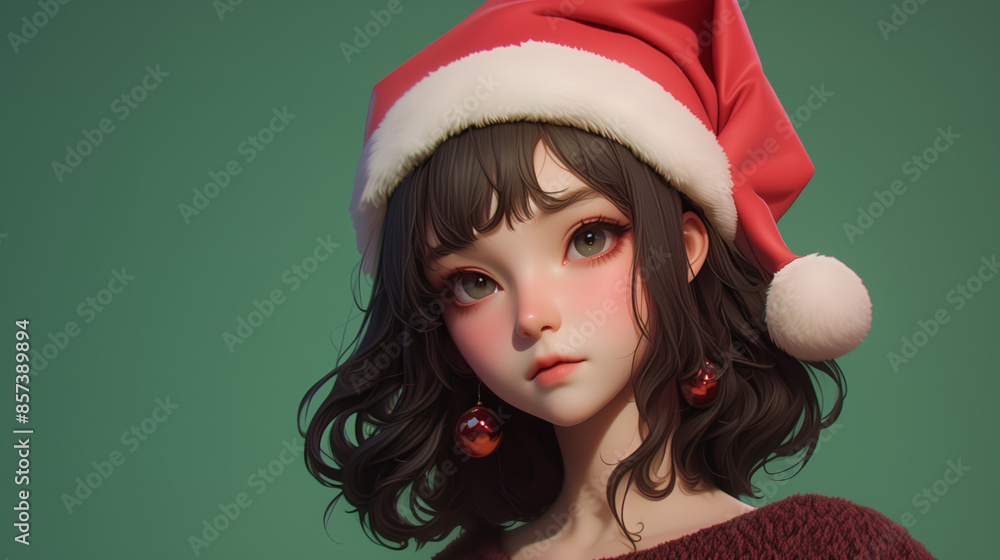 3D Cartoon of girl with a santa hat, Christmas background 3D Cartoon of girl with a santa hat, Christmas background