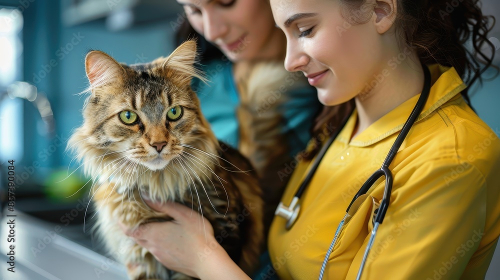 Two veterinarians in a clinic holding a fluffy Maine Coon cat, checking its condition, showcasing care and attentiveness in a professional veterinary environment. Two veterinarians in a clinic holding a fluffy Maine Coon cat, checking its condition, showcasing care and attentiveness in a professional veterinary environment.