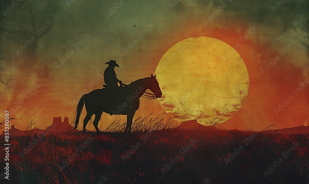 Naklejka premium A vintage-style digital art piece featuring a lone cowboy riding his horse at dusk, with warm, nostalgic tones evoking the classic Western era
