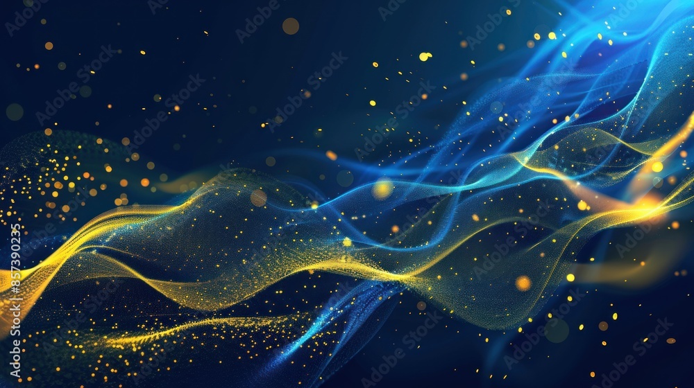 Abstract Blue and Gold Waves with Glowing Particles Abstract Blue and Gold Waves with Glowing Particles