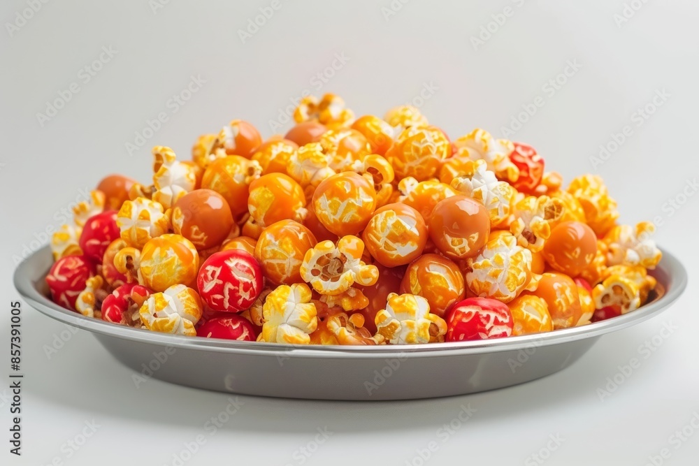 Delicious Caramel and Cheddar Popcorn in Silver Bowl Delicious Caramel and Cheddar Popcorn in Silver Bowl