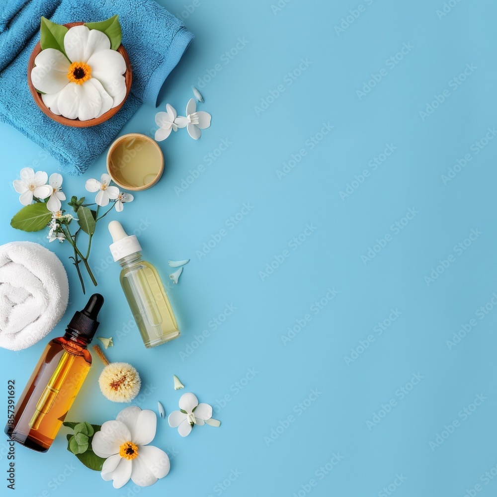 Spa essentials with mint and lemon on green background Spa essentials with mint and lemon on green background
