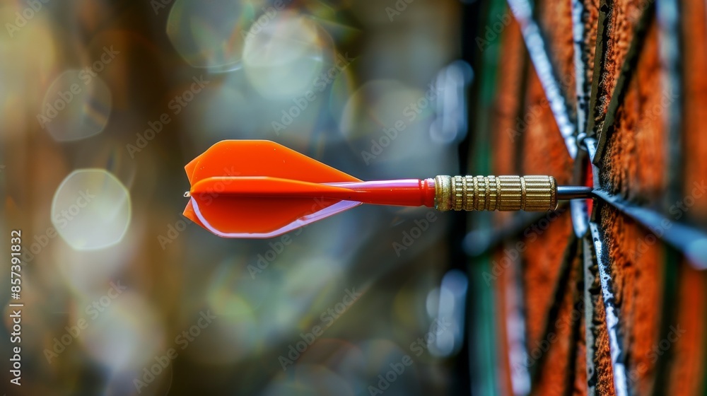 Close-up of a red dart hitting the bullseye on a dartboard, selective focus. Precision and goal achievement concept Close-up of a red dart hitting the bullseye on a dartboard, selective focus. Precision and goal achievement concept