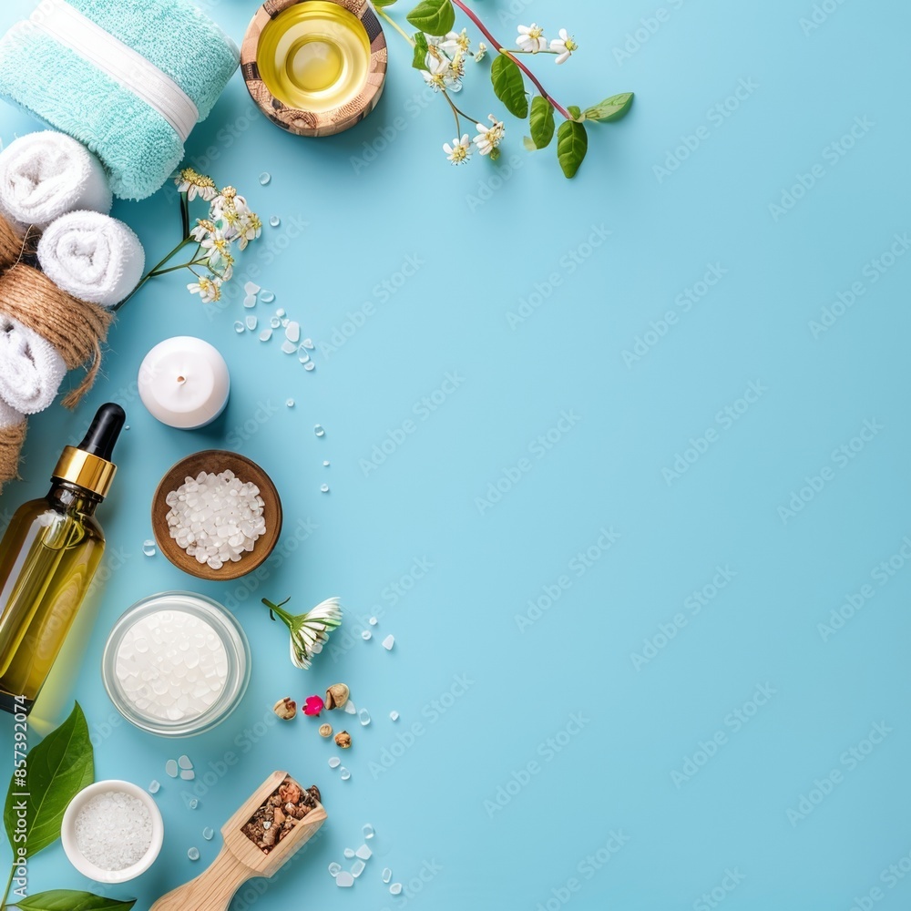 Spa essentials with mint and lemon on green background Spa essentials with mint and lemon on green background