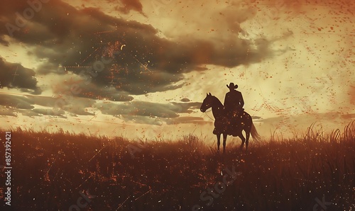 A vintage-style digital art piece featuring a lone cowboy riding his horse at dusk, with warm, nostalgic tones evoking the classic Western era photo