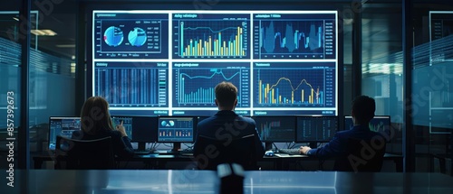 Team of business analysts discussing data trends in a modern office